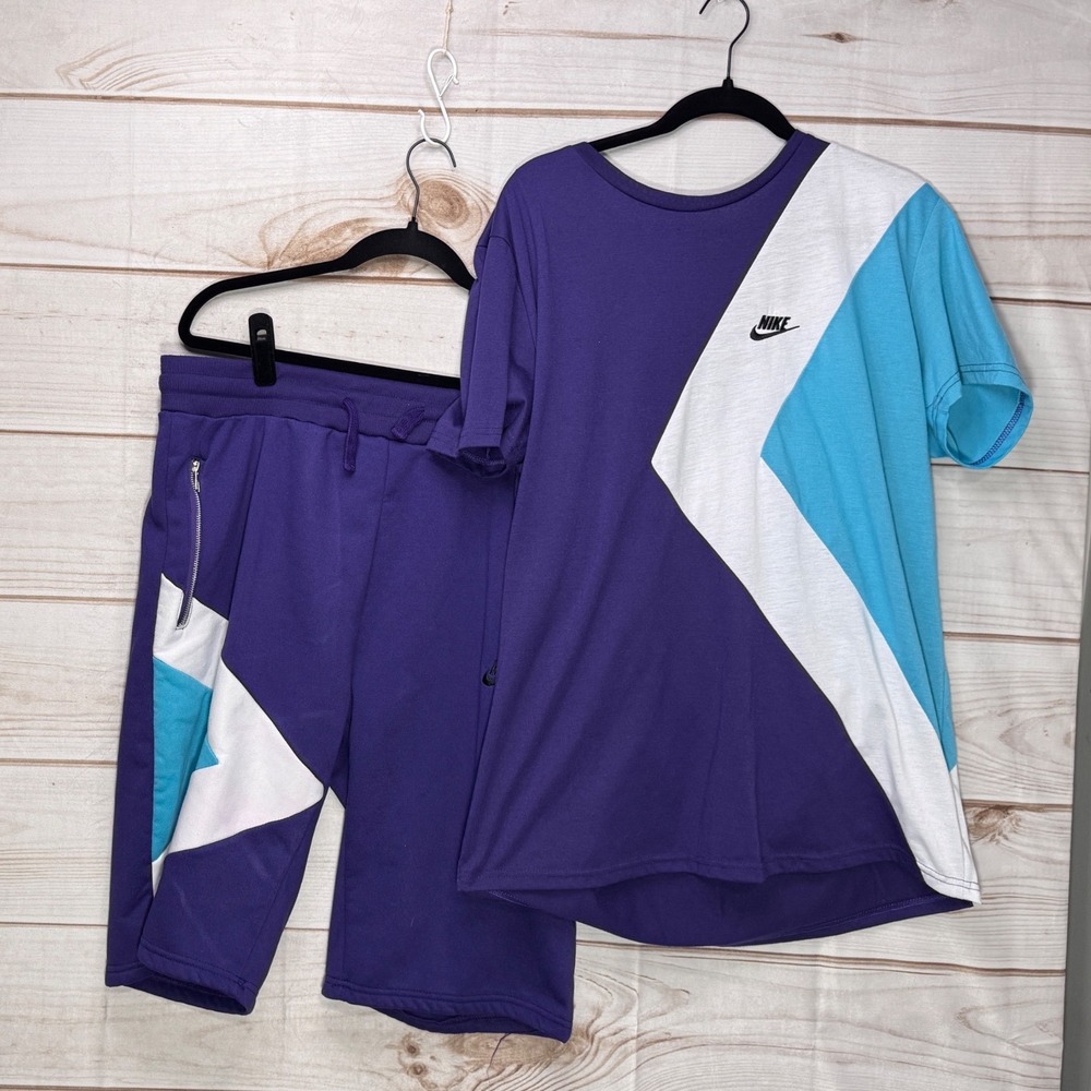 Vintage Nike Mens 2 Piece Set Purple Teal Colorblock T-Shirt and Shorts XXL